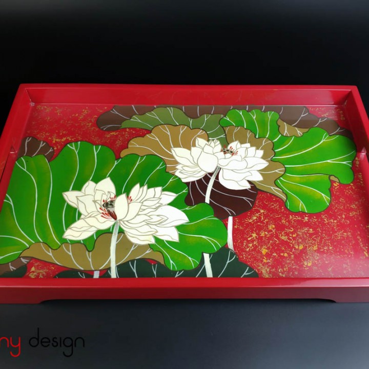 Rectangle lacquer tray with hand painted lotus pond 28*45cm